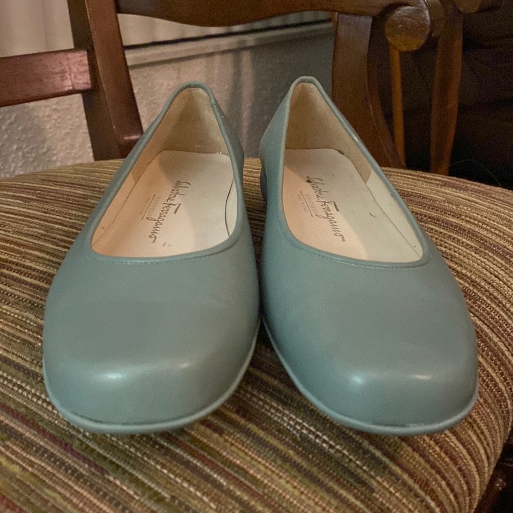 Teal loafers made in Italy brand Salvatore Ferragamo